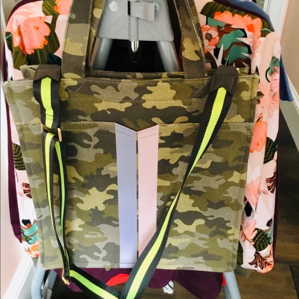 Stella & Dot Camo Canvas Crossbody Tote with Neon Stripe
